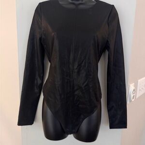 Good American Black Long Sleeve Faux Leather Bodysuit